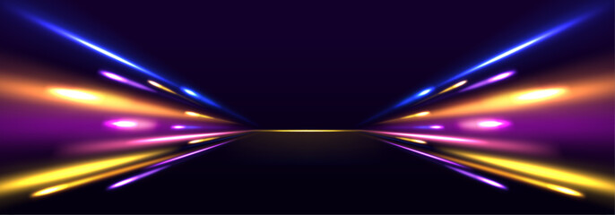Wall Mural - abstract neon light rays background. a colorful motion background of city light trails. purple glowi