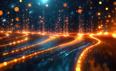 Poster - Futuristic Landscape with Glowing Data Streams and Cyberpunk Aesthetic in Abstract Digital Art