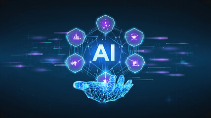 Artificial intelligence illustration with hexagonal interface and digital hand