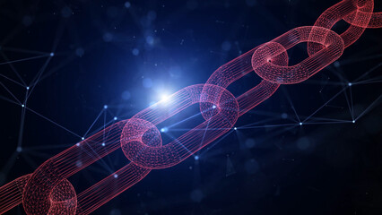 Wall Mural - digital red chain on dark blue cyberspace illustration background.