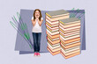 © deagreez - Exclusive artwork banner creative collage of happy small schoolgirl stand book stack literature lesson library pupil education