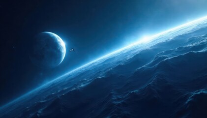 White planet and spacecraft in a vast, starry space with a glowing blue atmosphere, space, astronomy