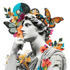 Wall Mural - png paper collage of fashion greek sculpture thinking butterflies portrait colorful.