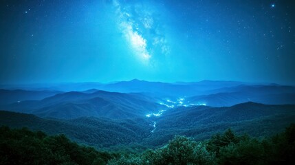 nighttime mountain vista under a vibrant blue milky way.
