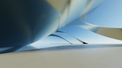 Fototapete - 3d illustration of abstract minimal architecture background, geometric architectural with chrome or metallic curve design, Car presentation