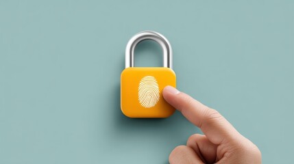 Poster - A finger presses a fingerprint on a yellow padlock signifying secure digital access and online privacy protection.