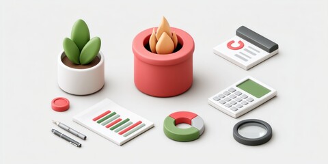Poster - A vibrant 3D illustration showcases a modern workspace featu a burning fire, plant, calculator, charts, and magnifying glass symbolizing growth