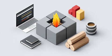 Fototapete - A modern isometric illustration depicts a laptop, books, logs, a fire, and data cubes symbolizing programming and development.