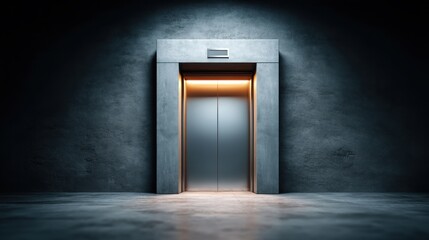 Poster - A sleek modern elevator with a subtle gold accent sits in a dark concrete building hallway.