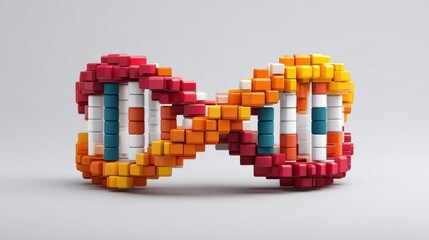 Poster - A vibrant colorful DNA double helix model is constructed from small colorful blocks against a simple white background.