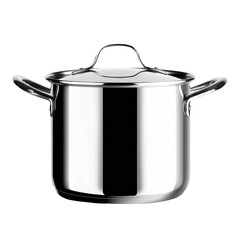 Stainless steel cooking pot with lid and handles isolated on white background Kitchenware cookware utensil object metal steel shiny new modern design professional chef restaurant home cooking healthy