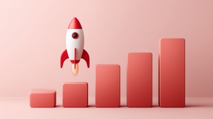Aufkleber - A red and white rocket launches upward over a rising bar graph representing growth and success in business.