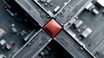 Aufkleber - An aerial view shows a central processing unit with transportation infrastructure crossing over it like a circuit board.