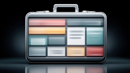 Fototapete - A sleek metallic briefcase displays a modern digital dashboard interface showcasing various colorful data blocks and information.