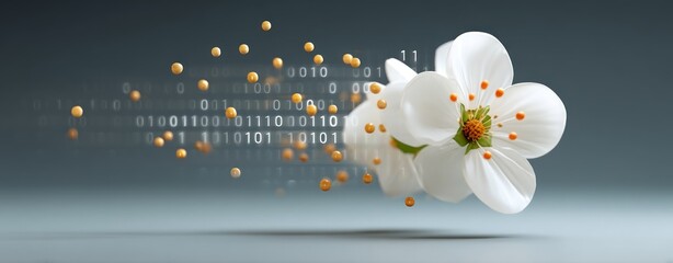 Aufkleber - A delicate white flower blossoms transforming into digital data bits in a futuristic technological scene.