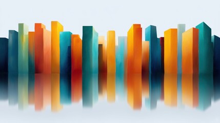 Poster - Abstract city skyline illustration with colorful buildings reflecting in water creating a vibrant urban landscape design.