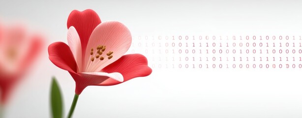Poster - A vibrant red and pink flower blossoms elegantly against a backdrop of subtle binary code, representing the delicate intersection of nature and
