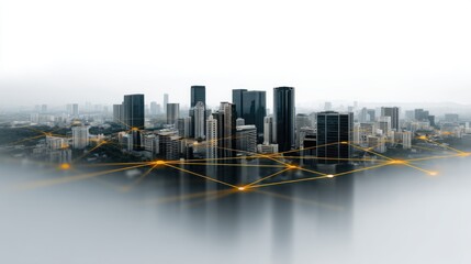 Poster - A futuristic cityscape with glowing network connections illustrating technological advancements and urban development.