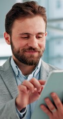 Poster - Happy, scroll and man in office with tablet, typing or contact search on content marketing website. Thinking, networking and seo consultant on digital app for online schedule, email or business ideas