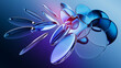 © NeoLeo - 3d rendering. Abstract futuristic background featuring round lenses. Modern aesthetic concept, in shades of blue and purple