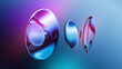 © NeoLeo - 3d rendering. Round glass lenses with reflective surface floating on air. Futuristic abstract background. Modern aesthetic concept, in shades of blue and purple