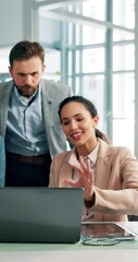 Poster - Office, business people and financial advisor with laptop for discussion, audit meeting and finance information. Boardroom, accountants and consultant with tech for revenue report, investment or team