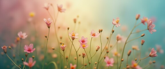Leinwandbilder - Tranquil garden of slender pink flowers with pastel backdrop, light tones, and bokeh for background artwork
