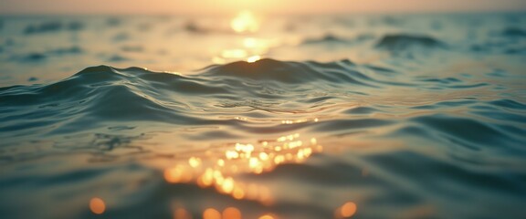 Poster - Golden hour light on tranquil ocean waves, soft focus water surface, mesmerizing sea landscape reflecting sunset