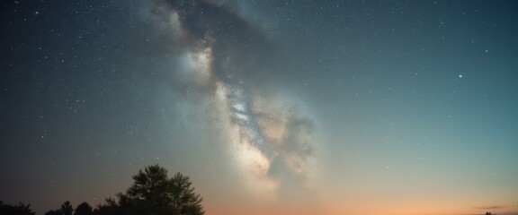 Aufkleber - Breathtaking Milky Way Arching Over Silhouette of Trees Against Colorful Night Sky, Revealing Countless Stars