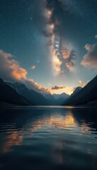 Wall Mural - Serene Lake Reflecting a Starry Night Sky Framed by Mountains and Golden Clouds