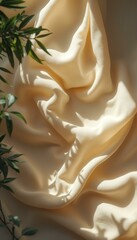 Poster - Elegant Beige Fabric Draped with Shadows and Greenery, a Luxurious and Serene Composition