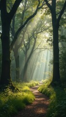 Aufkleber - Sunbeams Illuminate a Tranquil Forest Path Amidst Towering Trees and Lush Greenery