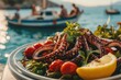 © almal - Freshly prepared octopus dish garnished with herbs and vegetables served on a plate by the seaside with boats in the background healthy eating concept