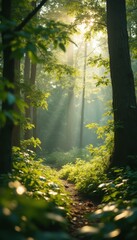 Poster - Sunlight Filtering Through a Lush Forest Path, Illuminating Green Foliage and Creating a Tranquil Scene