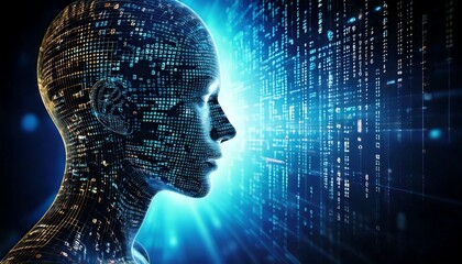 An AI-focused background showing a face silhouette dissolving into floating code, symbolizing machine learning evolution.

