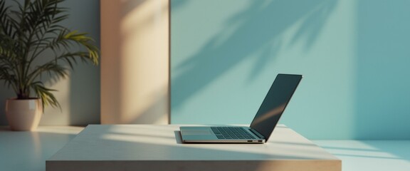 Aufkleber - Minimalist Workspace with Laptop and Plant in Serene Setting, Featuring Soft Light and Modern Aesthetic