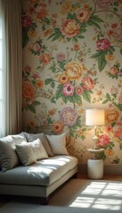 Aufkleber - Serene Living Room Interior with Floral Wallpaper, Comfortable Sofa, and Gentle Sunlight