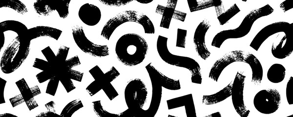 Aufkleber - Grunge seamless banner design with brush drawn funky shapes and figures. Bold curved lines, swirls, squiggles and thick brush strokes. Hand drawn bold doodle lines seamless pattern or background.