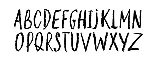 Aufkleber - Crayon drawn simple alphabet letters collection. Childish funky vector font. Black ink capital letters with rough texture. Cute playful doodle font for school, kindergarten and kid's design.