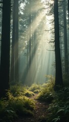 Aufkleber - Sunbeams illuminate a forest path amidst lush ferns and towering trees, creating a serene and tranquil scene with dappled light and shadow.