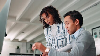 Poster - Call center, business people and mentor with computer for question, telemarketing and advice for research. Teamwork, consultant and sales manager in office for helping, training and customer service