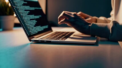 Aufkleber - Software developer intensely coding new application on laptop, working late at night in dimly lit office with programming code displayed on computer screen