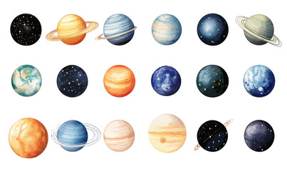 Wall Mural - watercolor solar system planets galaxy illustration set with stars and planets clipart
