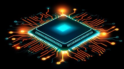 Wall Mural - Glowing CPU chip diagram. Circuitry lights up, illustrating processing. Tech background