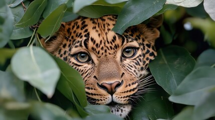 Aufkleber - Close up of a leopard's face surrounded by green leaves. The leopard has a spotted coat and piercing eyes, creating a natural camouflage. The focus is on the animal's gaze amidst the foliage