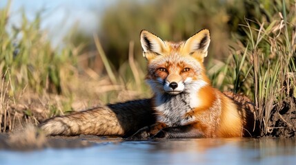 Poster - Close up shot of an orange fox sitting in a waterhole, surrounded by tall grasses, illuminated by natural light. The fox's fur is detailed, water reflects light, adding depth to the serene outdoor