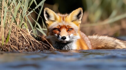 Aufkleber - Close-up of a red fox lying in water, with a blurred background of grass and plants. The fox has a focused gaze, with orange and white fur. The water reflects light, adding depth to the shot. The