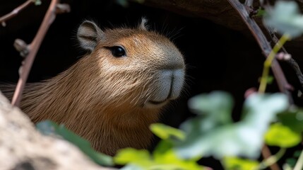 Poster - A close-up shot of a capybara with brown fur, peering out from a dark hole, surrounded by green leaves and twigs. The capybara's face is illuminated by sunlight, creating a natural, wild portrait