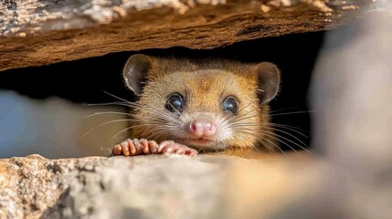 Poster - A close-up shot shows a reddish-brown mongoose with bright blue eyes peeking out from under a rock. The animal has a pink nose and is surrounded by natural rock formations, lit by natural sunlight