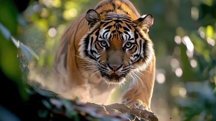 Aufkleber - Captivating shot of a tiger in lush greenery, with striking black stripes, vibrant orange fur. Low angle showcases the tiger's powerful presence, eyes focused ahead. Background blurred of green